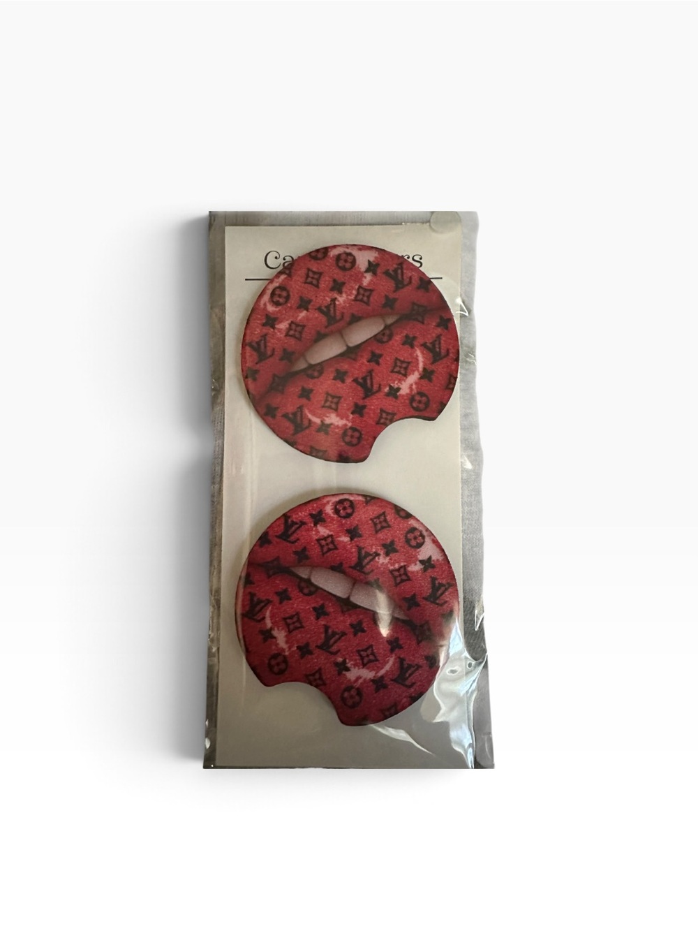 Handmade Red Lips Monogram-Inspired Car Cup Holder Coasters Set of 2